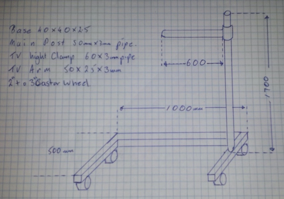 Hand-drawn sketch on squared paper of a welded bedside mount: a low wheeled base, a tall vertical pole and a short horizontal arm, with measurements and materials noted