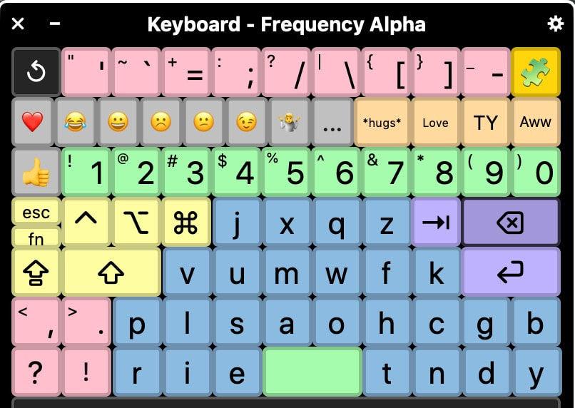 Screenshot of a colour-coded on-screen keyboard called "Keyboard - Frequency Alpha", with the most-used letters grouped together in the middle